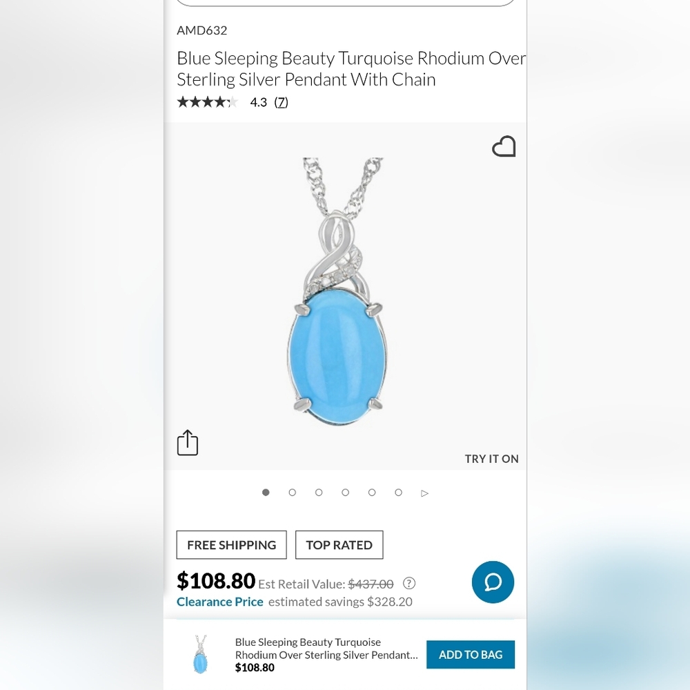 Blue Sleeping Beauty Turquoise Rhodium Over Sterling Silver Pendant & Chain 18"+